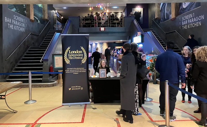 The welcome desk of the London Independent Film Festival in the Genesis Cinema, Whitechapel