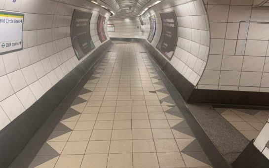 The pathway to the platform at St Paul's Underground Station