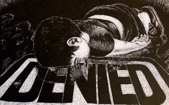 Immigration illustration of Syrian refugee face down in a puddle over the word 'denied' in capital letters