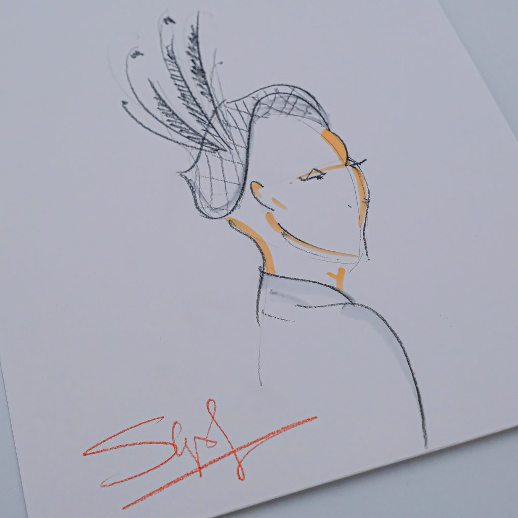 Sketch of a Stephen Jones designed hat for the 'Hats Fit For A Queen' charity auction.