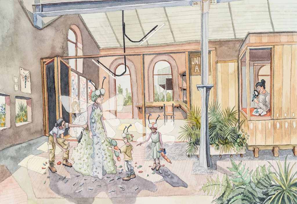 Illustration of children learning at a workshop in the proposed ELWP learning centre