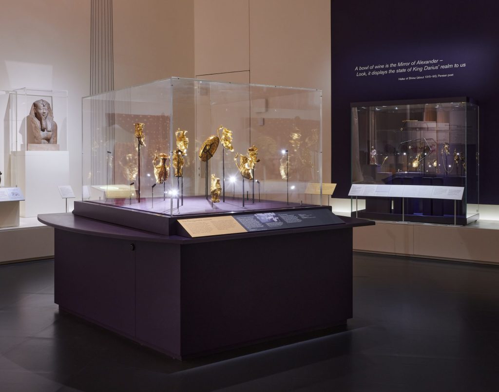 The Panagyurishte Treasure, a series of gold instruments on display in the British Museum's exhibition on Persia and Greece. © Trustees of the British Museum