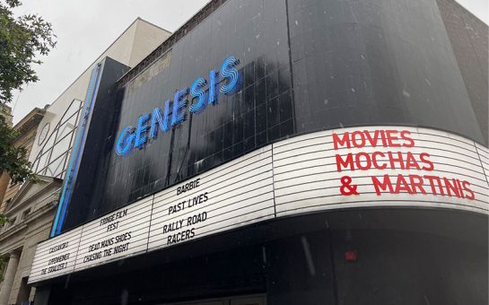 Front facade of Genesis Cinema, featuring the word "GENESIS" written in block letters.