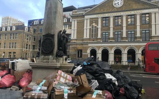 Rubbish piled up outside of the Tower Hamlets council building.