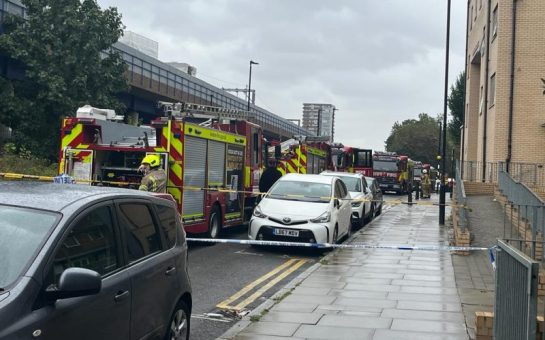 The scene near the block with fire engines in the street