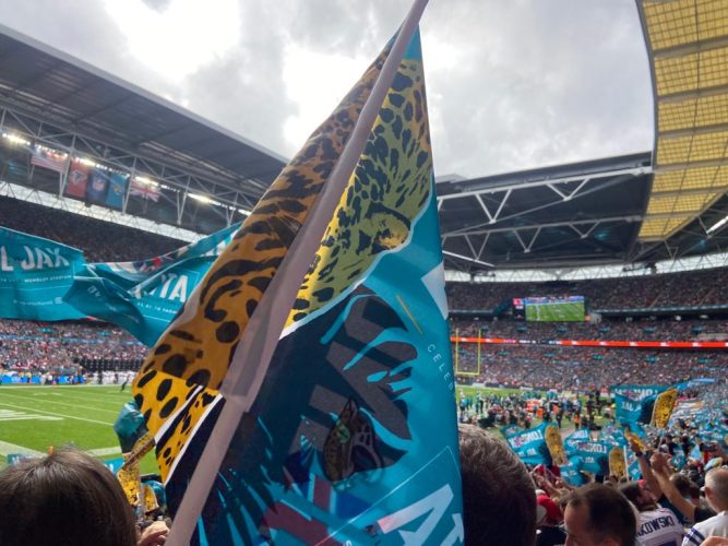 A Jacksonville Jaguars flag shows support in Wembley Stadium.