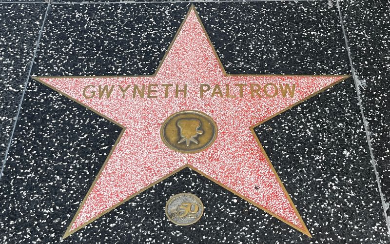 Gwyneth Paltrow's Walk of Fame star. A pink star with gold writing which says her name and an image of a camera below.