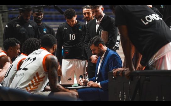 London Lions Head Coach Petar Bozic draws up a play for the team