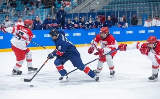 Team GB ice hockey player Ricards Misins in action at the 2024 Winter Youth Olympics