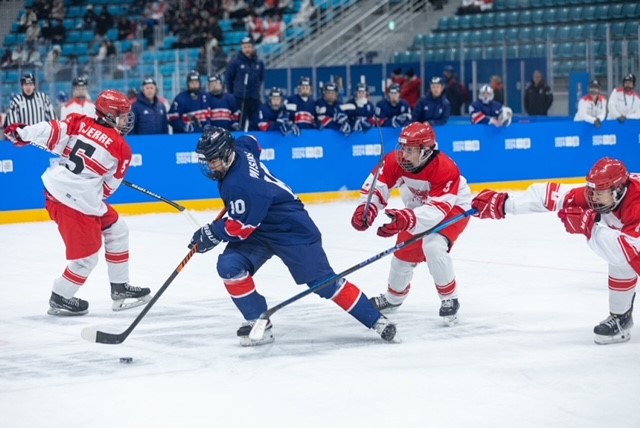 Team GB ice hockey player Ricards Misins in action at the 2024 Winter Youth Olympics