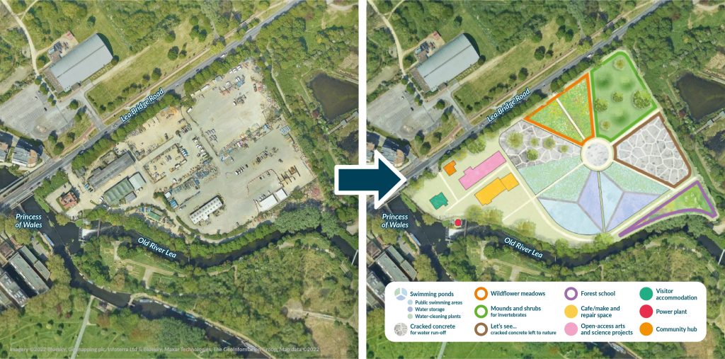A before and after arial view of the Thames Depot site mock up by East London Water Work Park