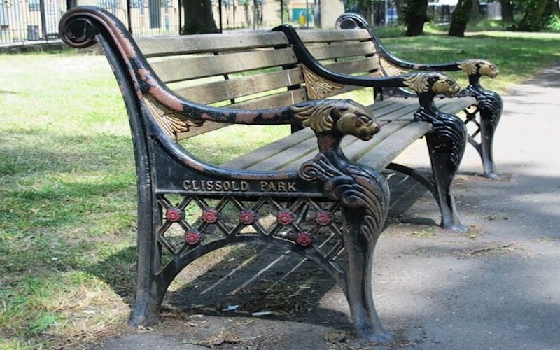 Bench reading 'Clissold' in Clissold Park, Stoke Newington, where antisemitic graffiti was discovered.