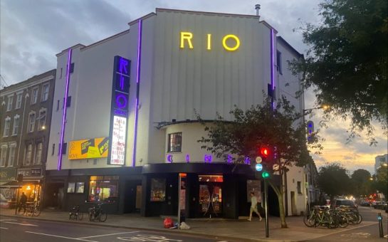 Exterior of the Rio Cinema at dusk, Kingsland High Street, Dalston