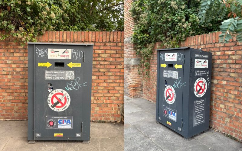 Weapon bin outside a church in Stoke Newington