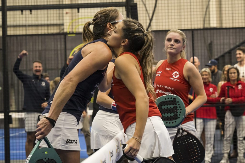 Team GB and USA women's players meet over the net at Anglo-American Padel Cup