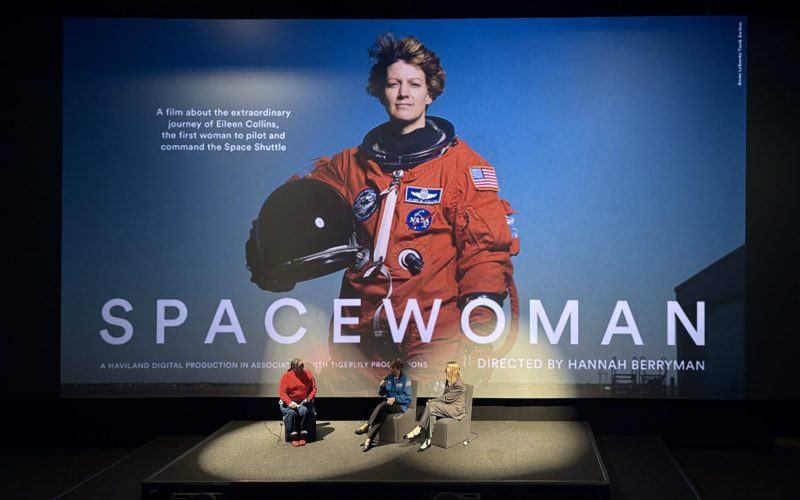 NASA's first woman pilot, Eileen Collins, on stage during a 'Spacewoman' Q&A with director Hannah Berryman.