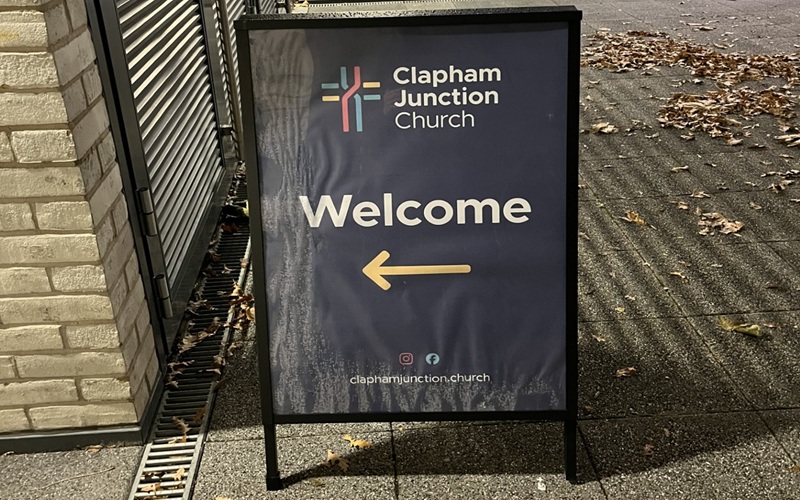 Sign welcomes people into a church.