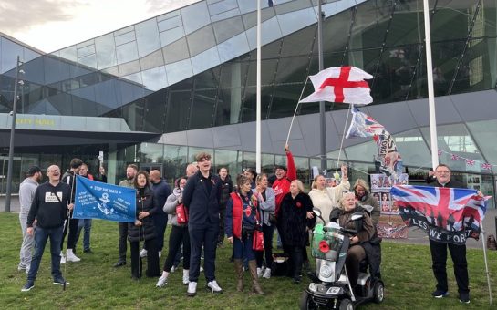 Protestors against Mayor of London, Sadiq Khan, outside City Hall.