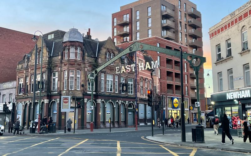 East Ham sign at the end of East Ham High Street in Newham