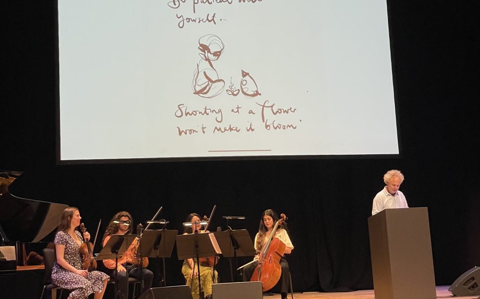 Charlie Mackesy on stage at the Barbican with Isobel Waller-Bridge and her quartet