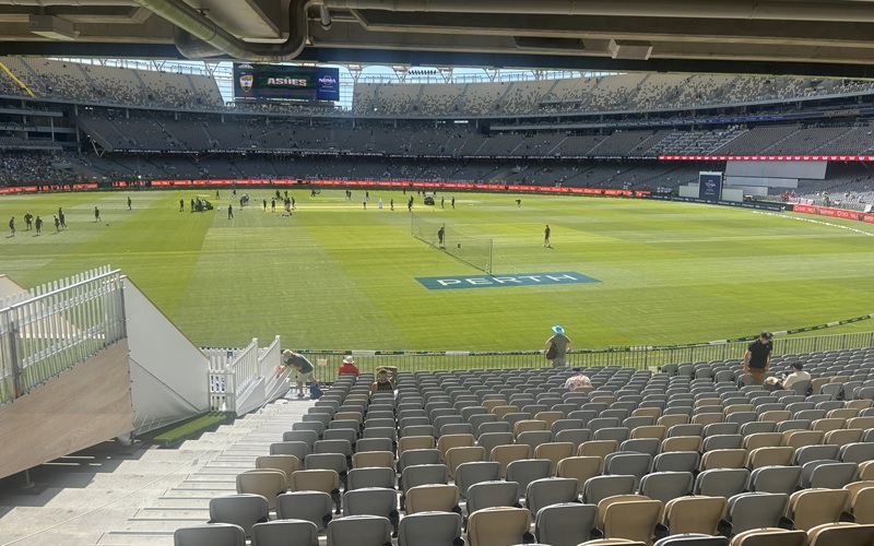 Perth's Optus Stadium pictured from the stands ahead of the first morning of The Ashes (Credit: Callum Humphrey)