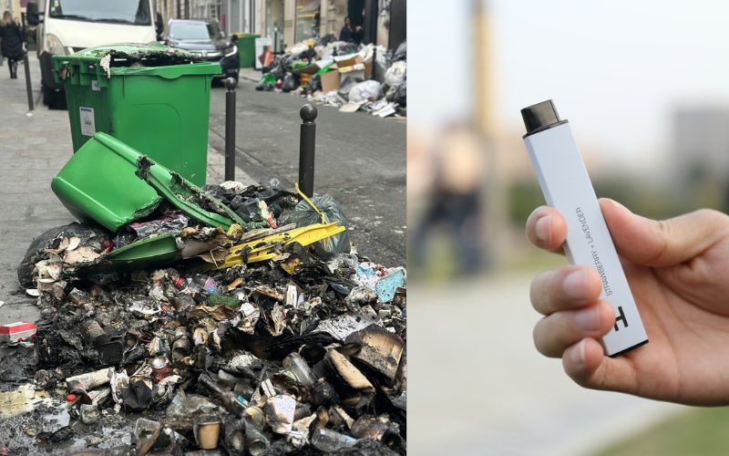 A picture of a vape next to a picture of a bin that has been put out after a fire