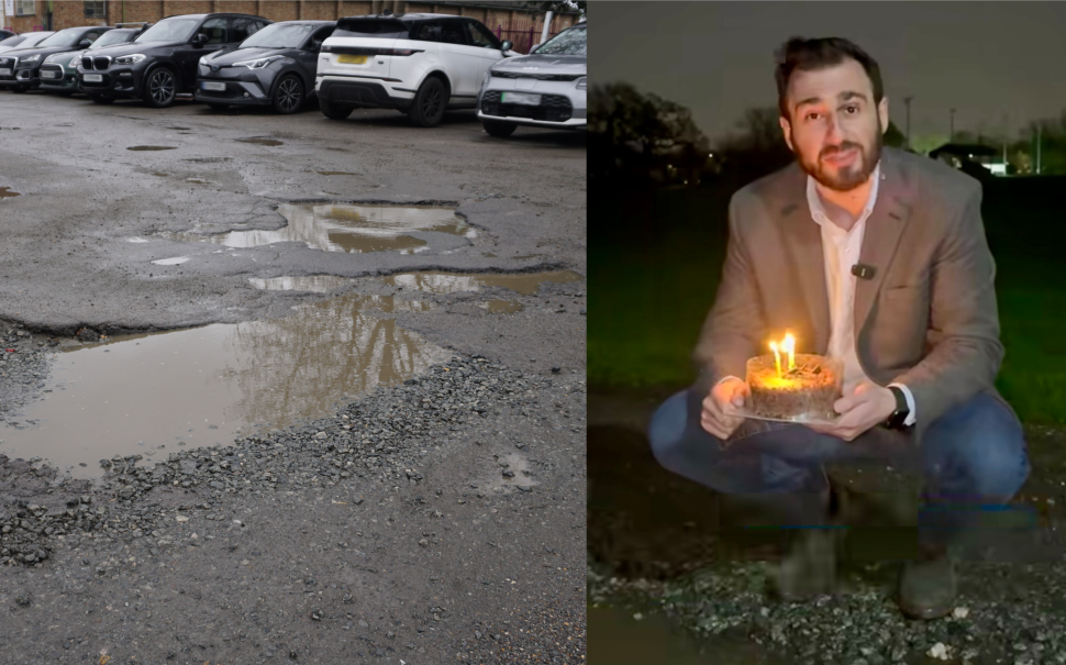 Enfield's 'Mega pothole', and Cllr Georgiou with a birthday cake.