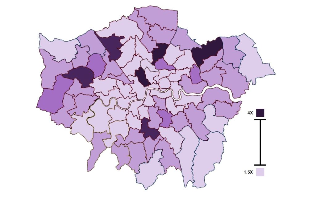 Map of London with each constituency shaded according to disparity.