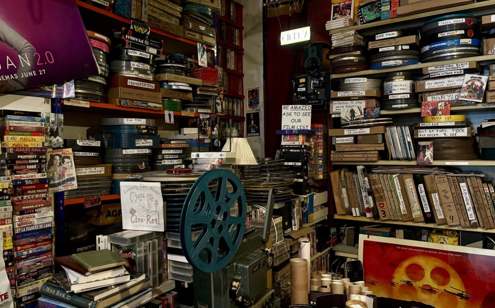 Stacks of reels inside a cine reel shop