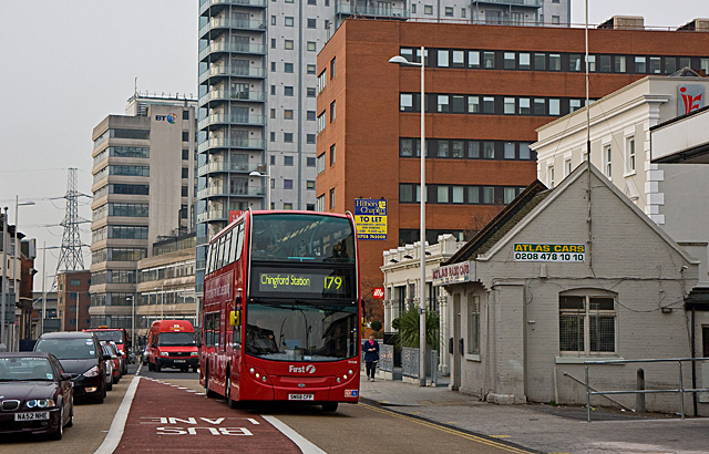 The 179 bus going down a road in Ilford Hill.