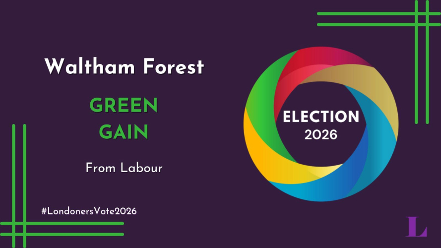 An election 2026 graphic on a purple background saying 'Waltham Forest: Green Gain from Labour'