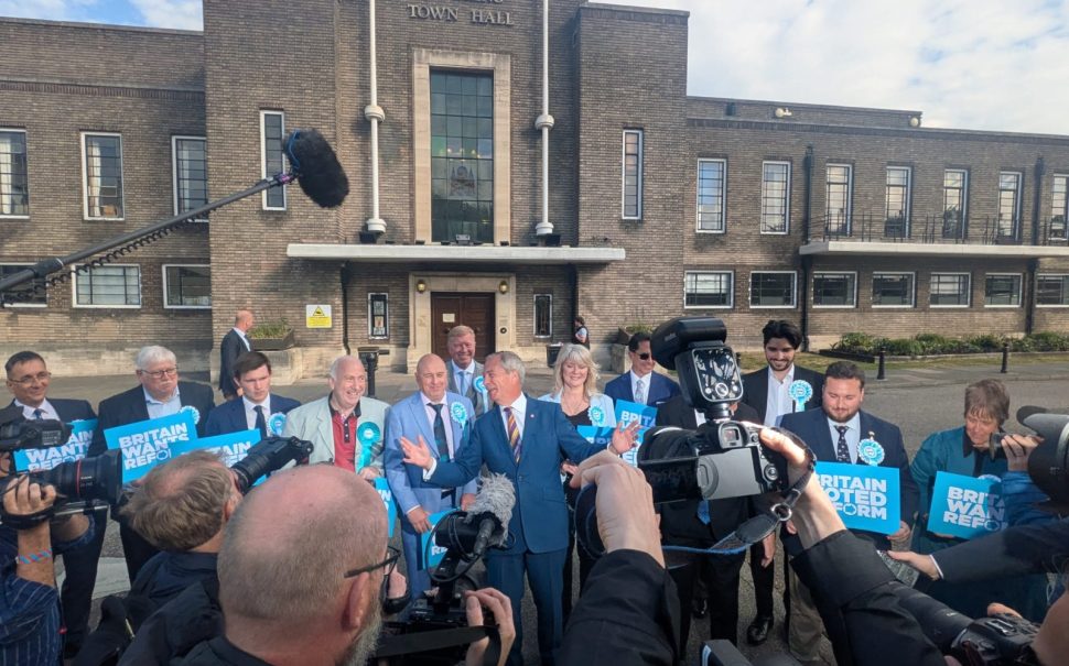 Nigel Farage speaks to crowds outside Havering Town Hall