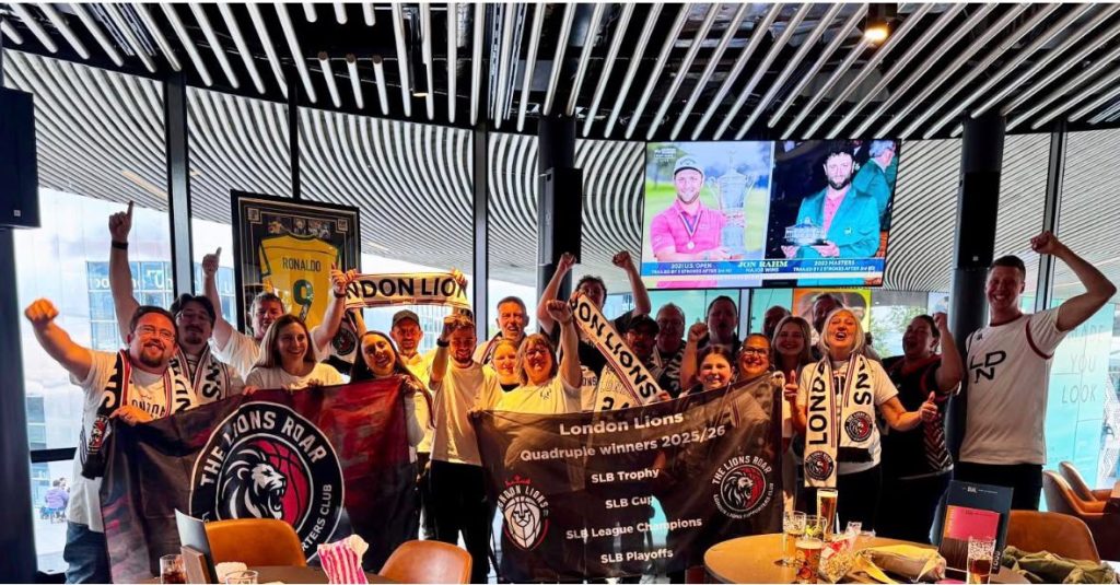 The London Lions Supporters Club celebrating the league title win together