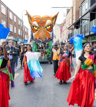 Dancers and a flot at the Brick Lane Curry Festival.